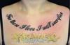Black script curved across chest